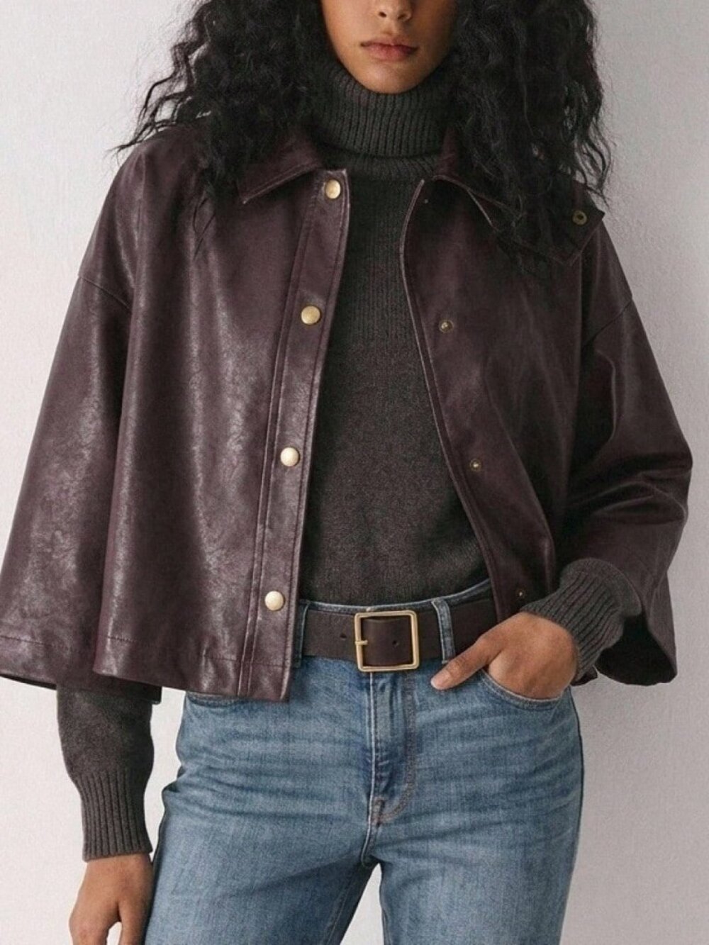 Rust Brown Casual Women's Faux Leather Cropped Poncho Jacket
